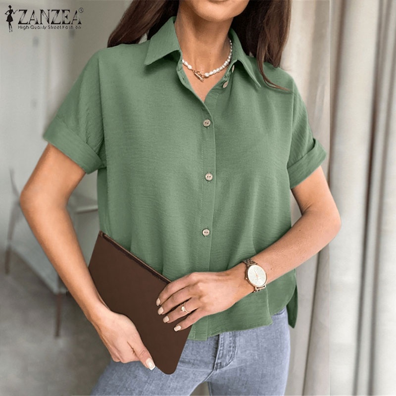 Áo sơ mi ZANZEA tay ngắn dáng rộng thời trang dành cho nữ