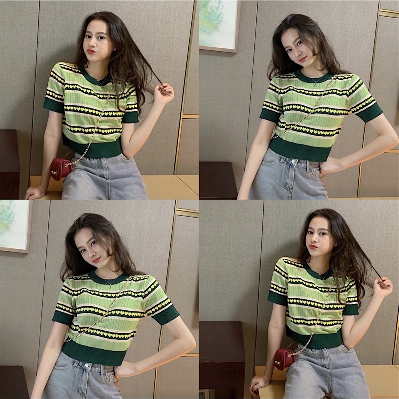 Áo thun dệt kim tay ngắn dáng rộng phong cách Hàn Quốc thời trang cho nữ