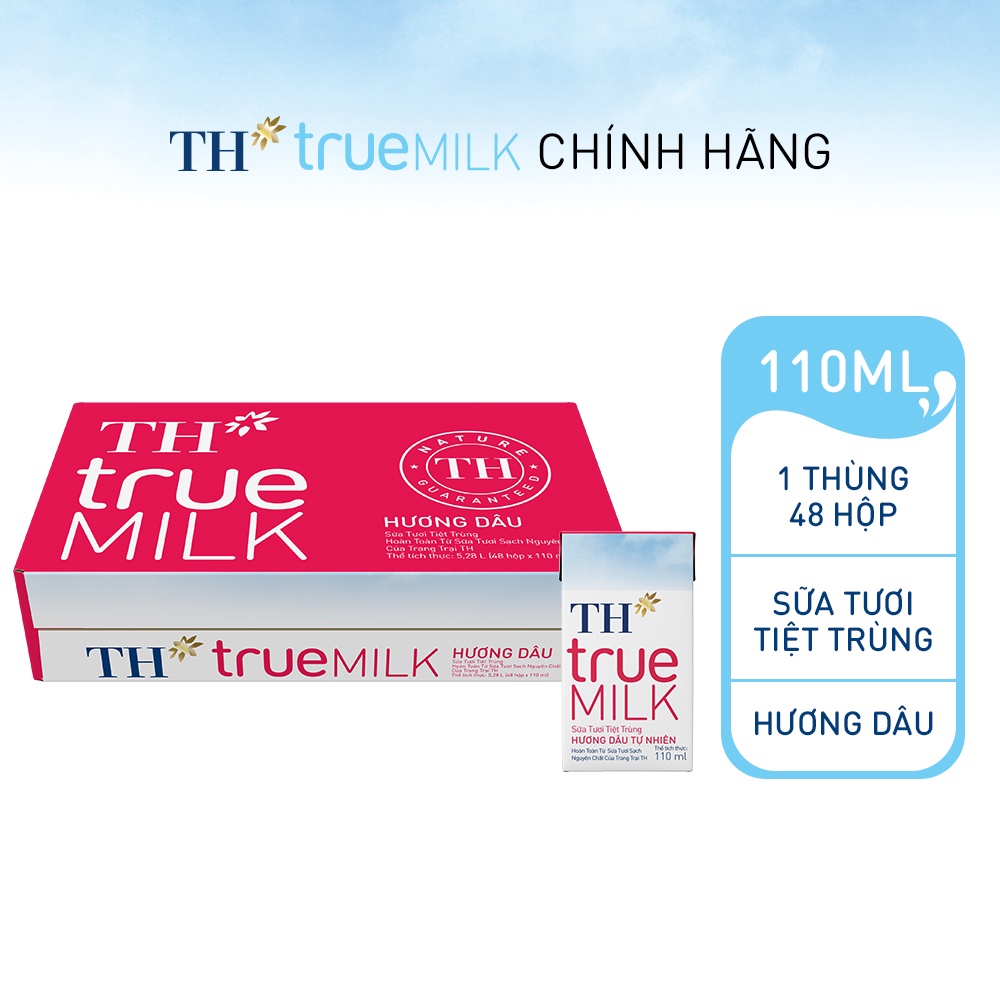 Thùng 48 hộp sữa tươi tiệt trùng hương dâu TH True Milk 110ml (110ml x 48)