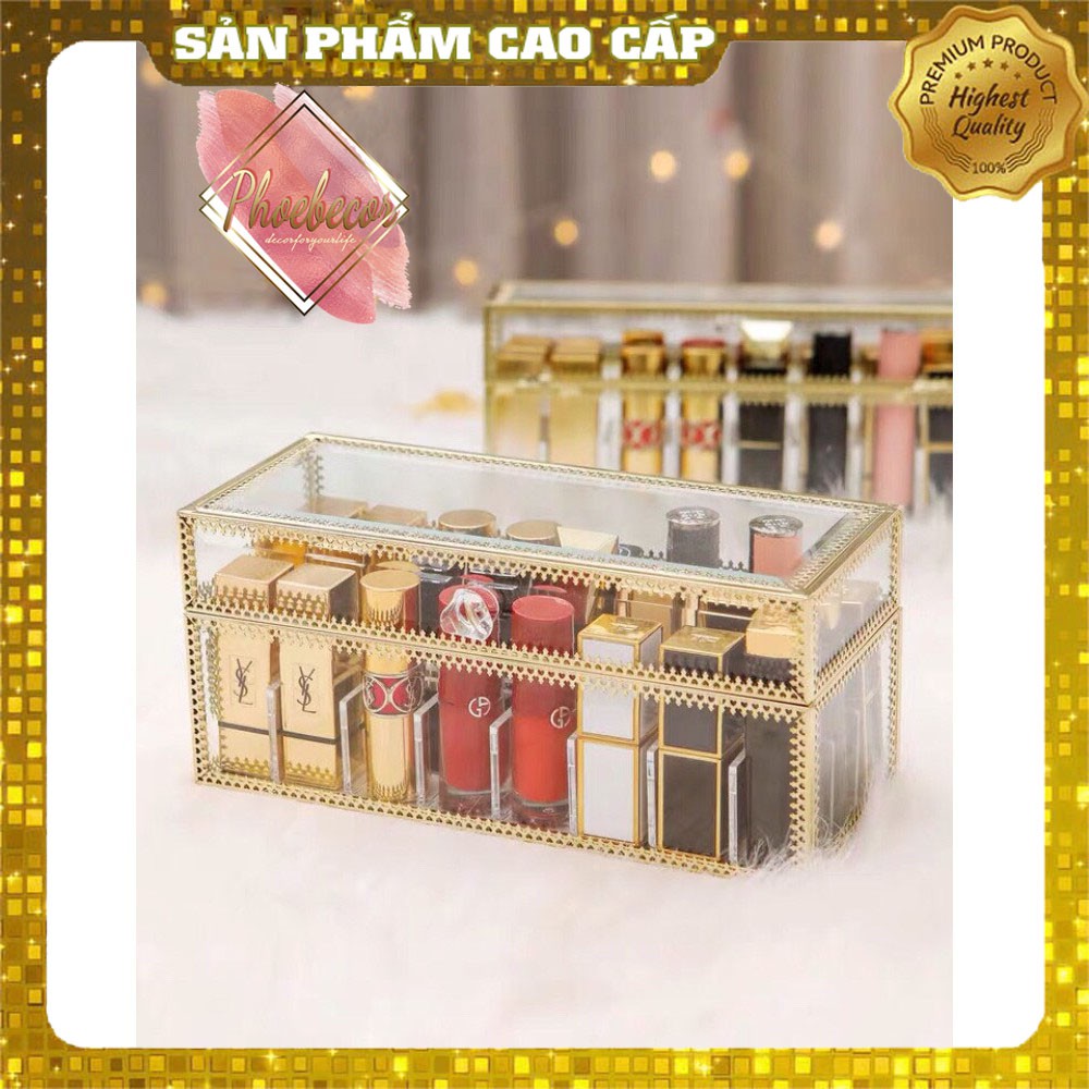 Hộp đựng son chia ngăn bằng thủy tinh viền kim loại dát vàng cao cấp  - PB107