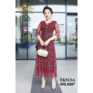 THỜI TRANG QUÝ BÀ TRUNG NIÊN CAO CẤP - LADYSHOP - Đầm thun lưới cổ hoa đuôi công đỏ TK513