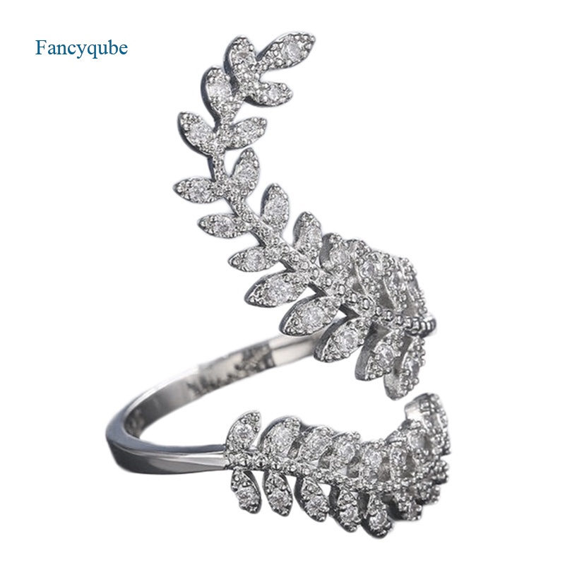 Nhẫn mạ bạc hình chiếc lá dài đính đá zircon sáng tạo thời trang cho nữ