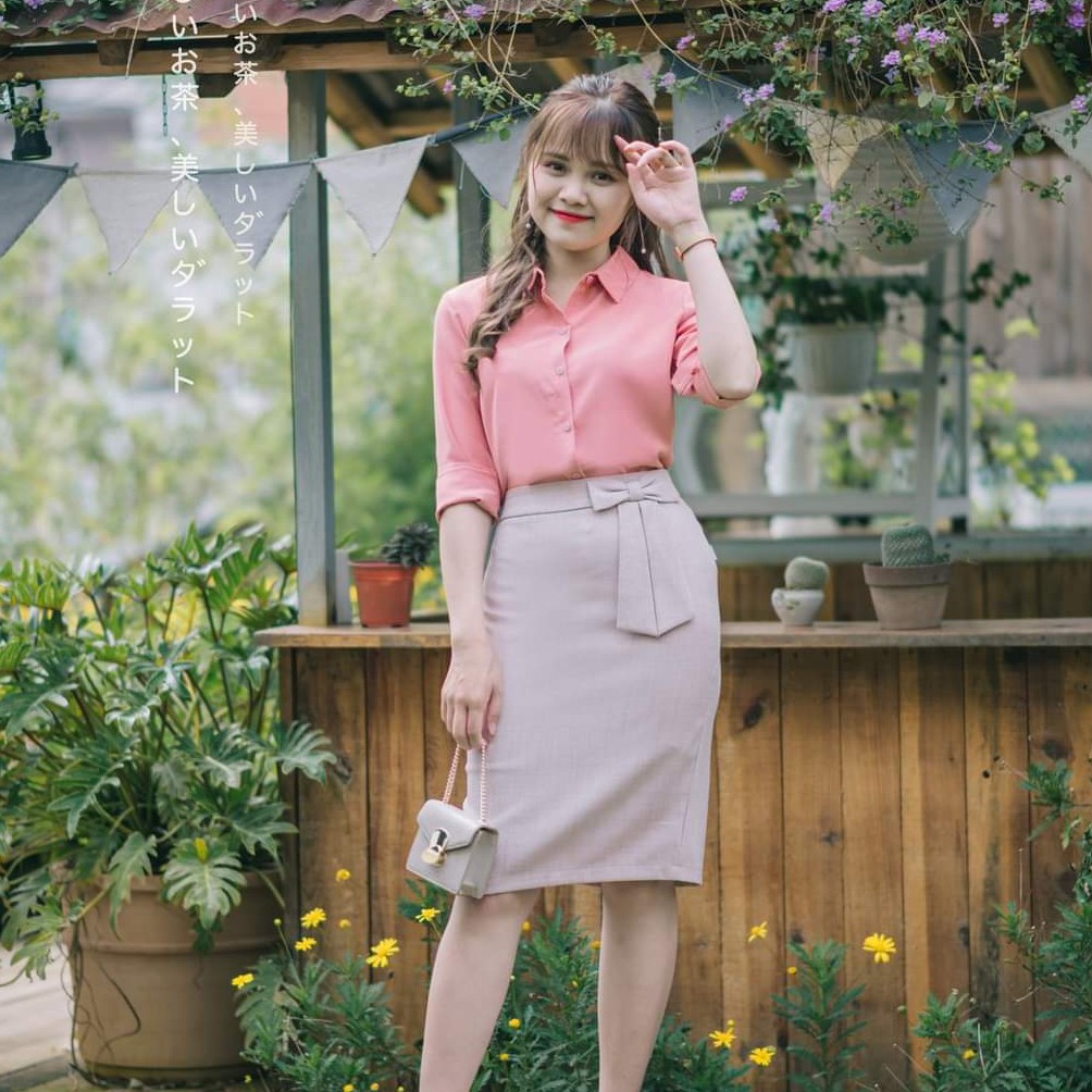 Chân váy bút chì dáng dài cạp nơ màu hồng [ ẢNH THẬT TỰ CHỤP]