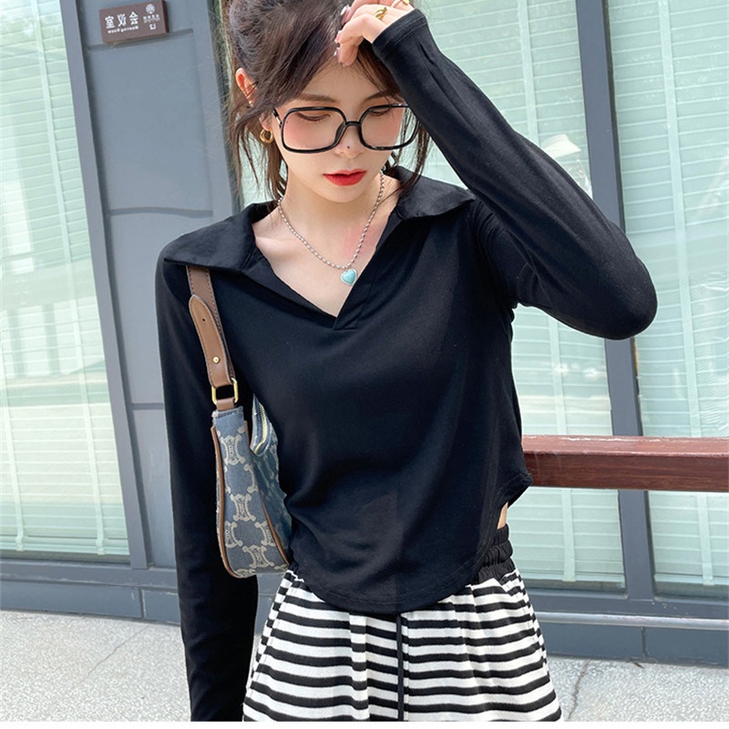 Áo thun Polo SUXI tay dài màu sắc đơn giản dễ phối đồ thời trang mùa thu cho nữ