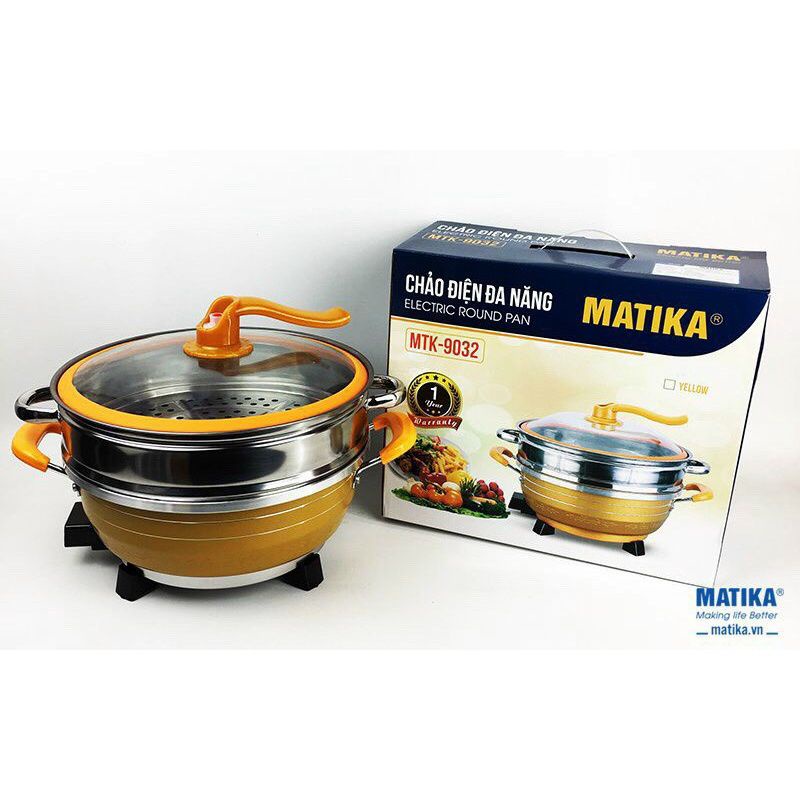 nồi lẩu điện, nồi nấu đa năng,Chảo điện đa năng kèm vỉ hấp cách thuỷ MATIKA-chính hãng,bảo hành 12 tháng