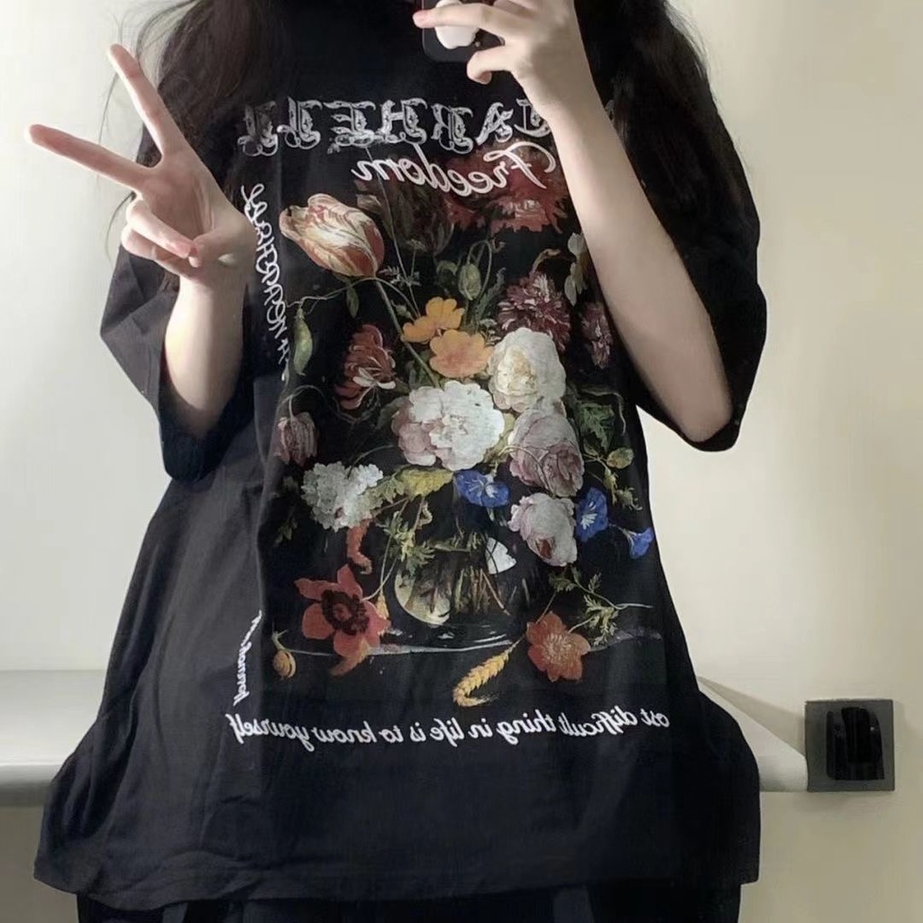 AMOI Áo Thun Tay Ngắn In Họa Tiết Tranh Sơn Dầu Phong Cách Âu Mỹ Mới