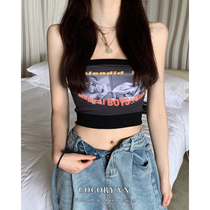 Cocory vn Áo Quây Ngực Không Dây In Họa Tiết Phong Cách Vintage Thời Trang Quyến Rũ