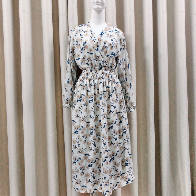 Đầm maxi NHIỀU MÀU đắp chéo ngực tay dài đầm vintage họa tiết hoa đầm bầu đi biển | BigBuy360 - bigbuy360.vn