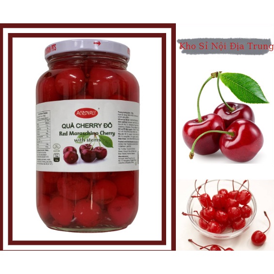 Ăn vặt |BÁN SỐ LƯỢNG| Anh Đào Đỏ DABAI Cherry đỏ Red Maraschino Cherry with stems hiệu ACROYALI lọ thủy tinh 710 gram