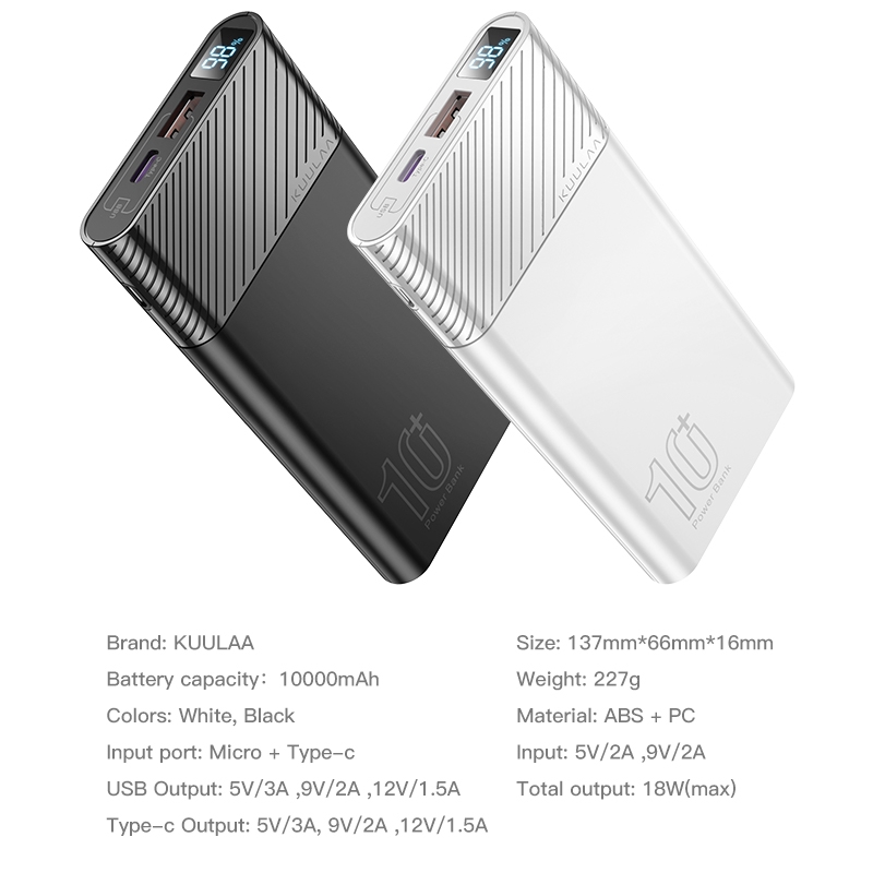 Kuulaa 10000mah pd 18w sạc nhanh ngân hàng điện di động usb c bộ nguồn di động di động phù hợp cho apple android