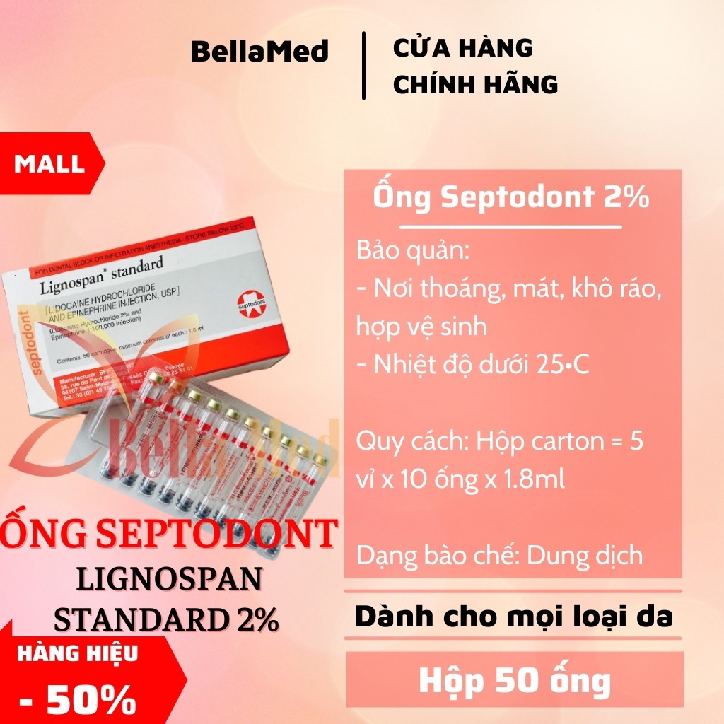 Ống tiêm Pháp Septodont đỏ Lignospan Standard 2% 1 hộp 50 ống