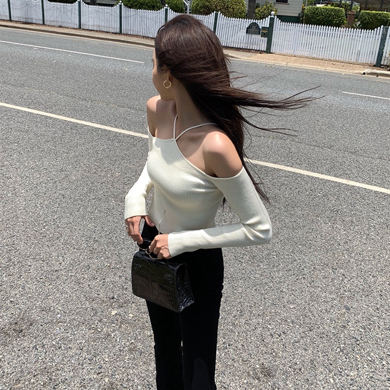 Xiaozhainv Áo Croptop Hở Vai Tay Dài Màu Trơn Thời Trang Gợi Cảm Cho Nữ