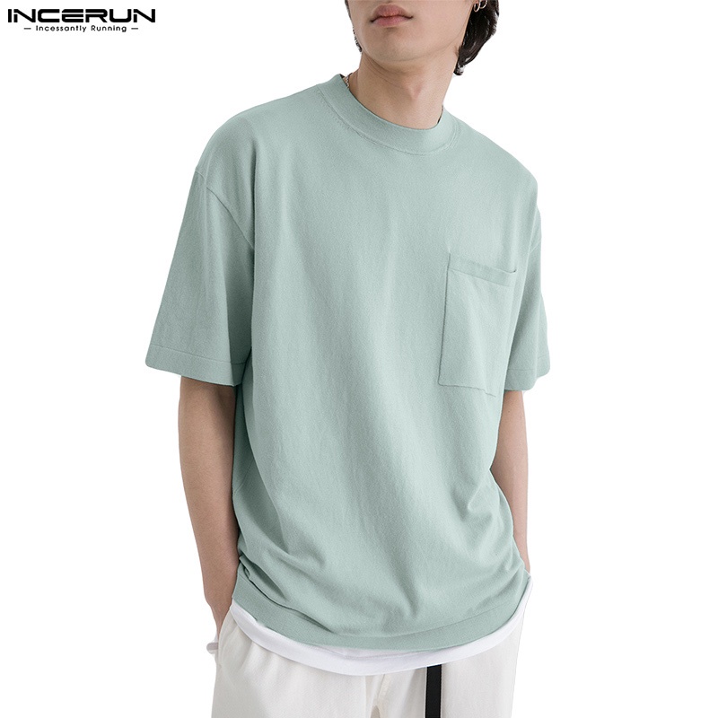 INCERUN Áo Thun Nam Ngắn Tay Cổ Tròn Màu Sắc Đơn Giản Size S-5XL