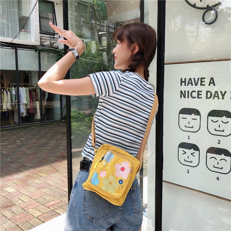Túi đeo chéo nhỏ mini vải canvas hoa màu sắc ulzzang