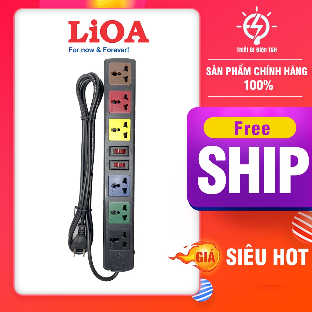 Ổ cắm điện đa năng LIOA, 2200W, 6 ổ cắm, 2 công tắc, dây dài 3M, 5M, 6D32N - 6D52N - Thiết Bị Điện T&amp;H