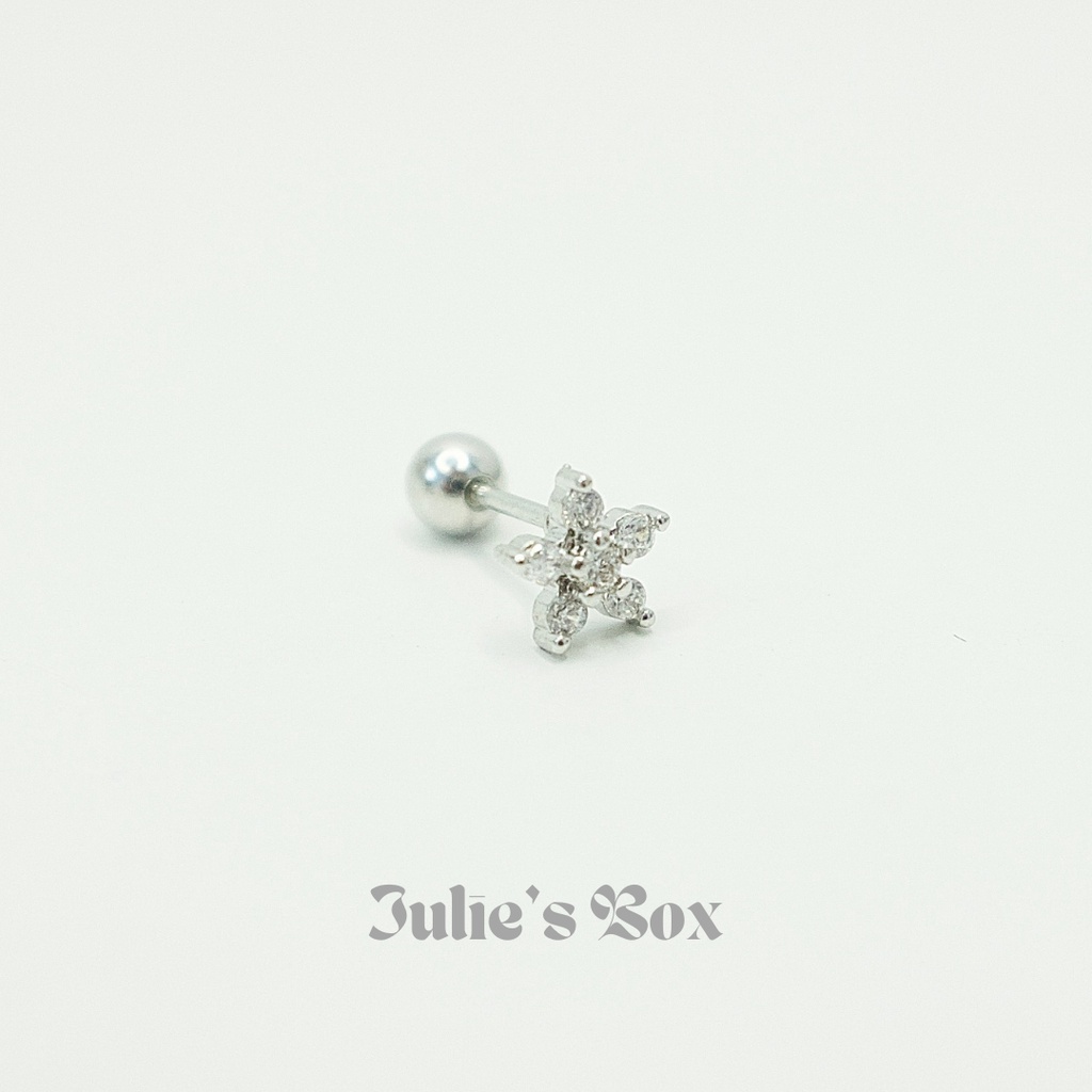 [1 Chiếc] Khuyên Tai Titan Hoa 5 Cánh Đá Trắng Unisex Màu Bạc Đuôi Bi Không Ngứa Bông Tai Julies Box 66