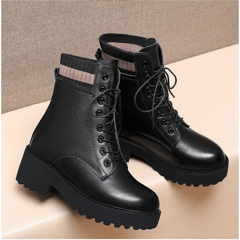 Ảnh thật - Giày boot nữ cổ len siêu hot cao 4.5cm khóa kéo kết hợp cột dây cá tính B153