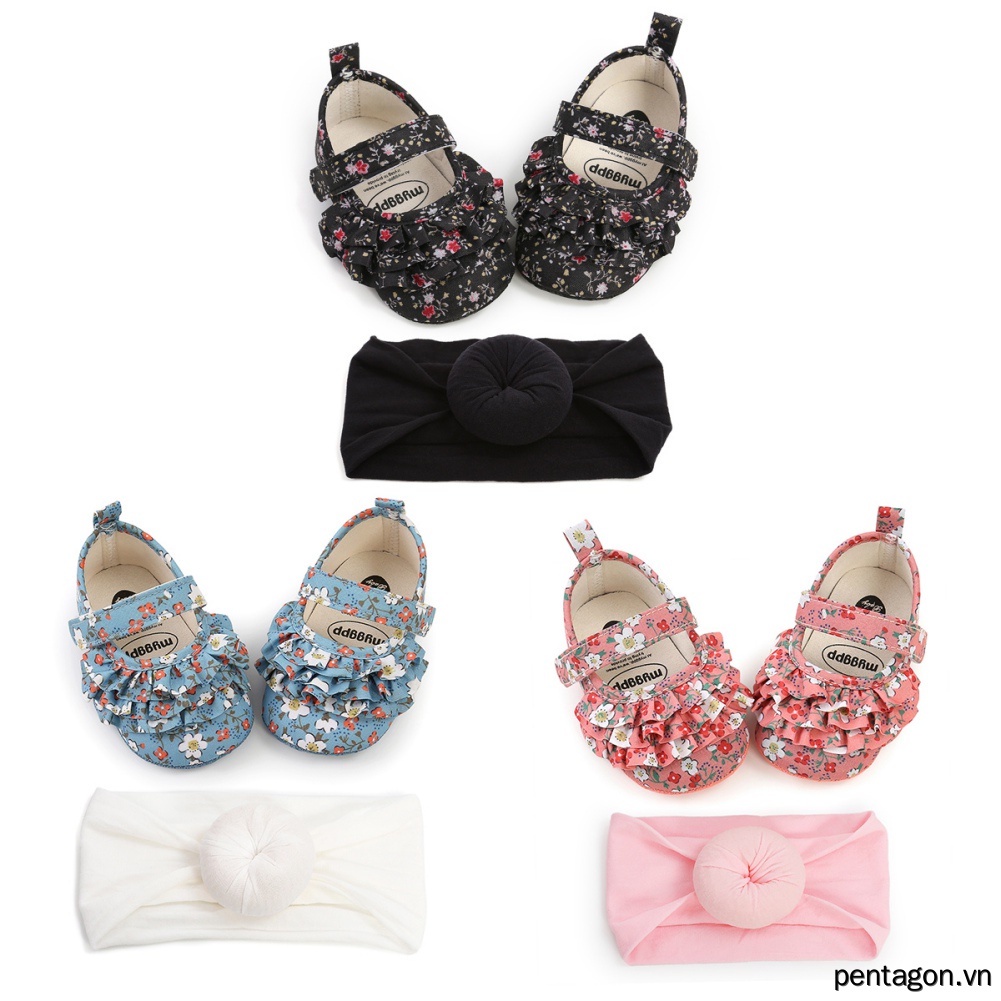 Giày Búp Bê Công Chúa Đế Mềm Chống Trượt Có Băng Đô Cài Tóc Dành Cho Bé Gái 0-18 Tháng Tuổi