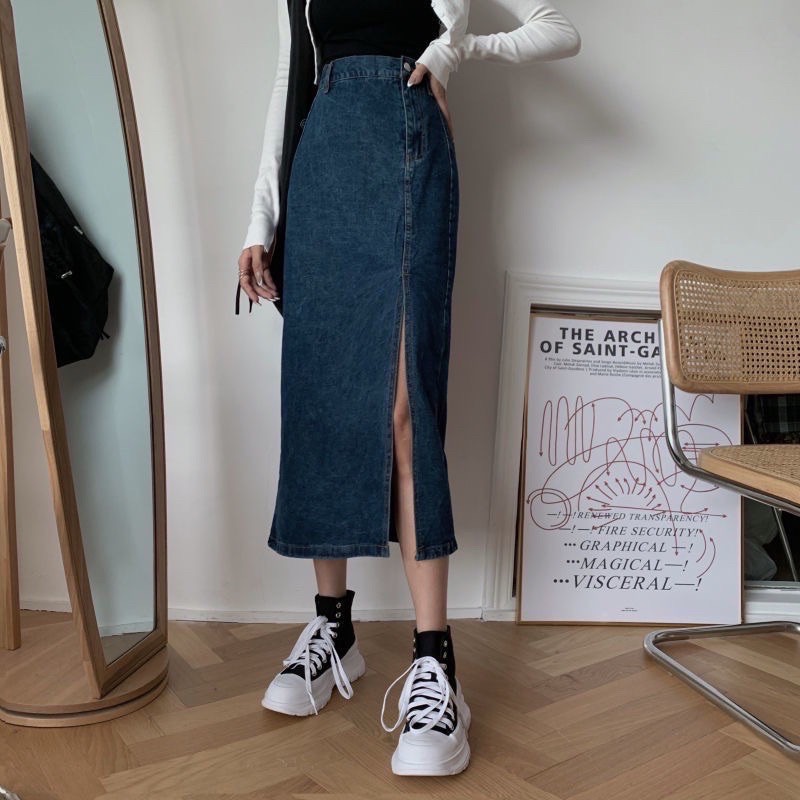 Chân Váy jeans Nữ, Dáng Dài Cạp Cao Có Gân Xẻ Tà | BigBuy360 - bigbuy360.vn