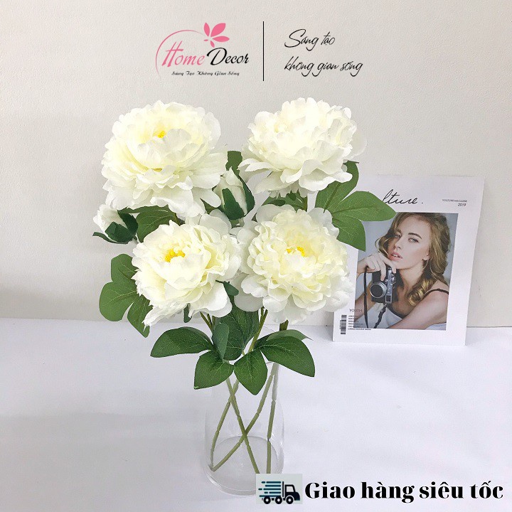 Hoa giả - Hoa Mẫu Đơn giả cao cấp cành 2 bông to 1 nụ nhỏ trang trí đẹp, giống thật