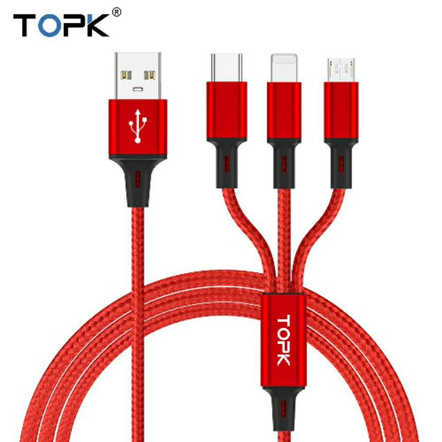 Cáp sạc 3 đầu tiện dụng dài 1m hàng chính hãng TOPK.