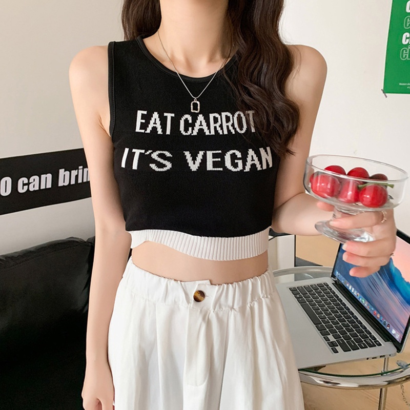 Xiangbao Áo Crop Top Dệt Kim Không Tay Phối Màu Tương Phản In Chữ S Tập Thể Dục Mùa Hè Cho Nữ