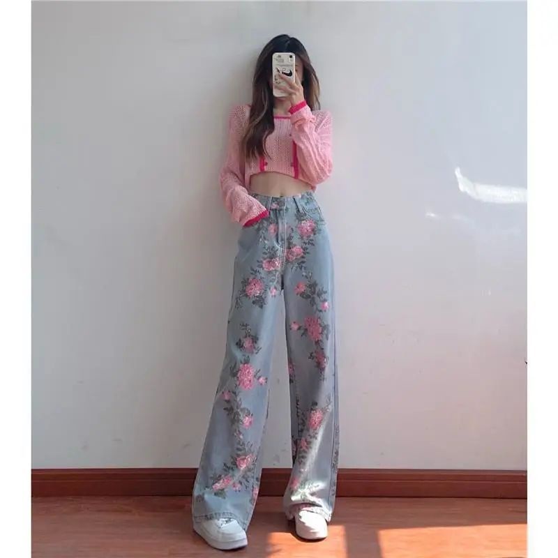 COZOKC COZOK Quần jean COZOK lưng cao họa tiết hoa hồng thời trang độc đáo dành cho nữ
