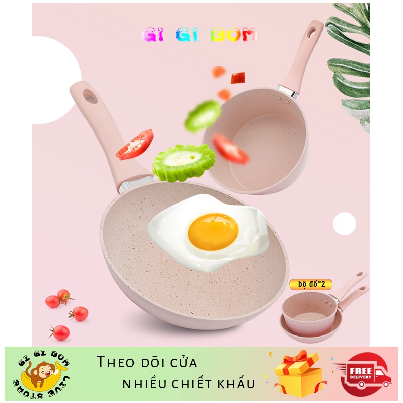 GiGiBomstore Bộ Nồi Chảo Chống Dính Cao Cấp 16cm Vân Đá Hoa Cương Hồng Đáy Từ Dùng Mọi Loại Bếp