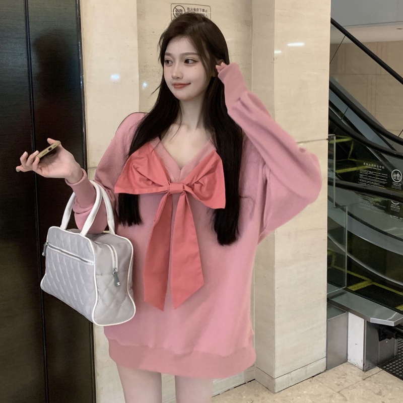 Áo sweater IELGY cổ chữ V dáng rộng đính nơ thời trang cho nữ