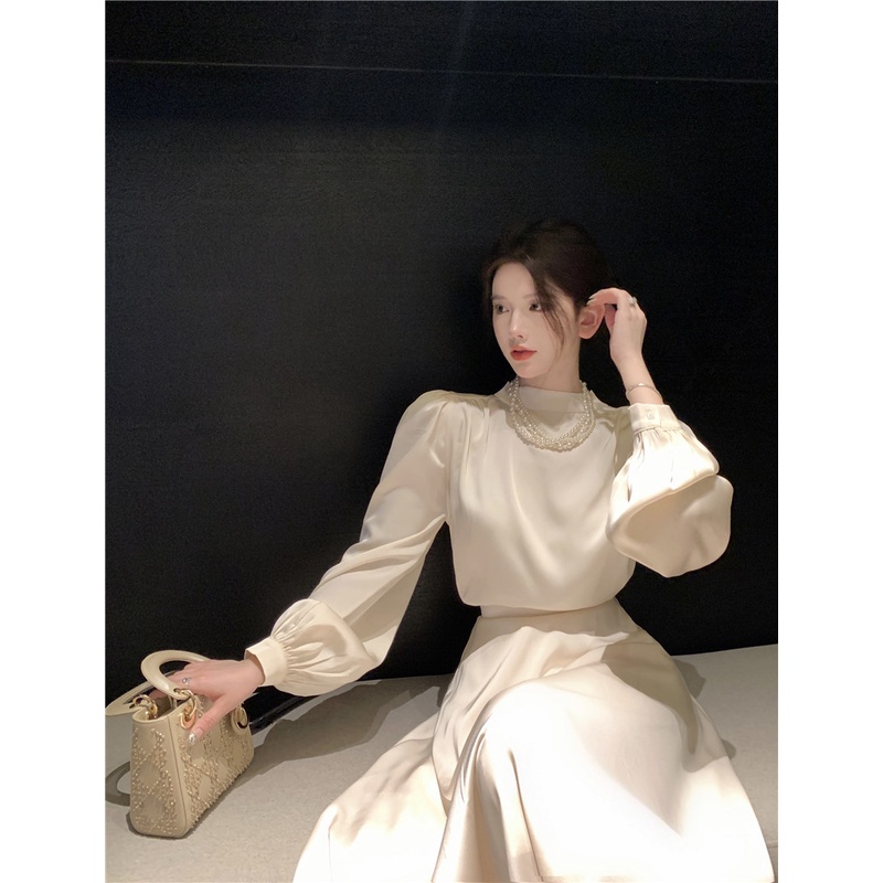 Set Áo Sơ Mi Tay Dài Cổ Tròn Vải Satin Cao Cấp Phối Chân Váy Lưng Cao Thời Trang Pháp Sang Trọng Cho Nữ