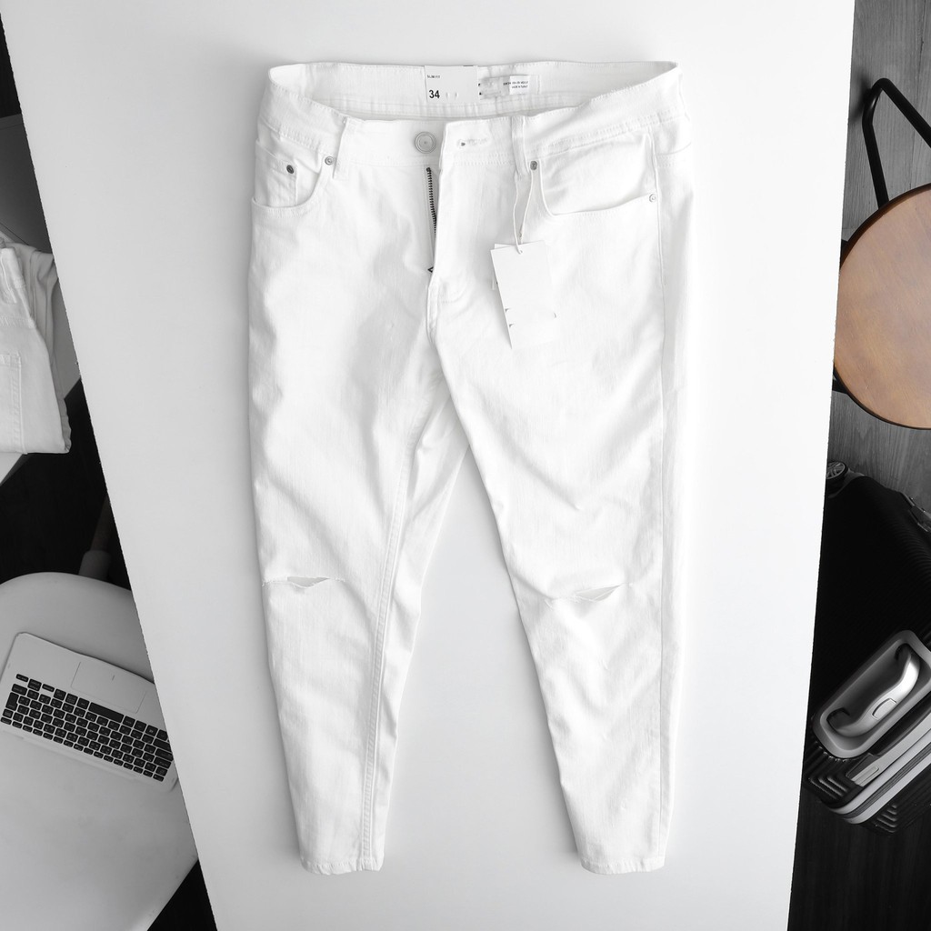 Quần jean nam cao cấp, màu trắng rách 2 gối, form slim trẻ trung năng động, chất jean co giãn TOBY TBJ06