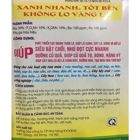 Phân bón NPK 30-10-10 nở bụi, xanh lá, mập cọng 40gr