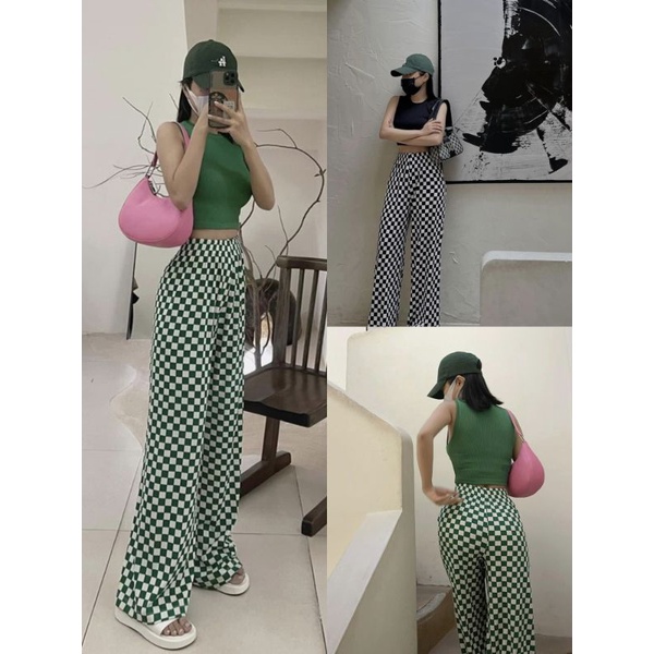 Set Áo Croptop Ba Lỗ Sát Nách Và Quần Dài Ống Suông Rộng Kẻ Ô Caro/ Vằn - Style Cá Tính Trẻ Trung Sexy