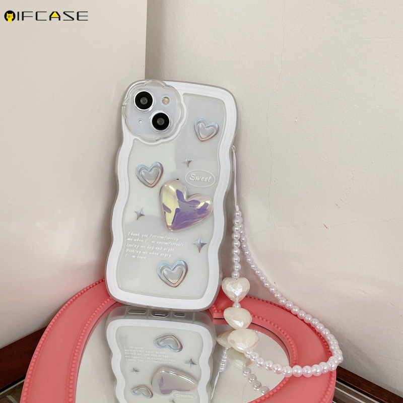Ốp Điện Thoại Dẻo Màu Laser Họa Tiết Trái Tim Kèm Dây Đeo Ngọc Trai Cho iPhone 13 12 11 Pro Max XS Max XR X 7 8 6 6s