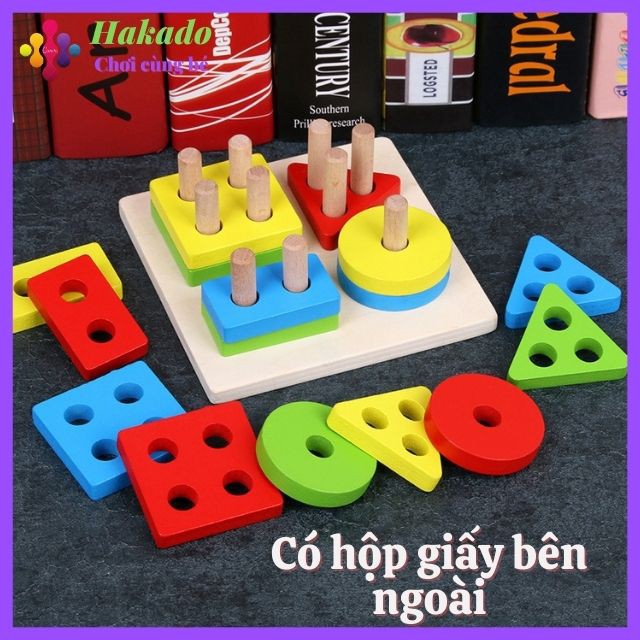 [Size 13x13cm có hộp] Đồ chơi gỗ montessori thả hình khối 4 cọc cho bé