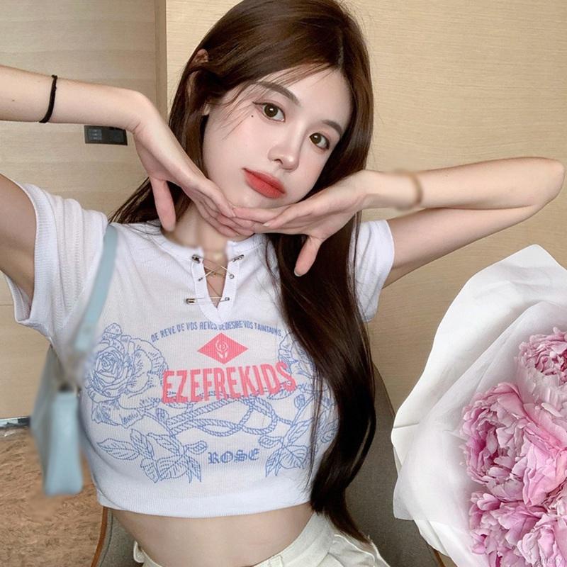 Áo thun lửng tay ngắn cổ chữ V thời trang dành cho nữ