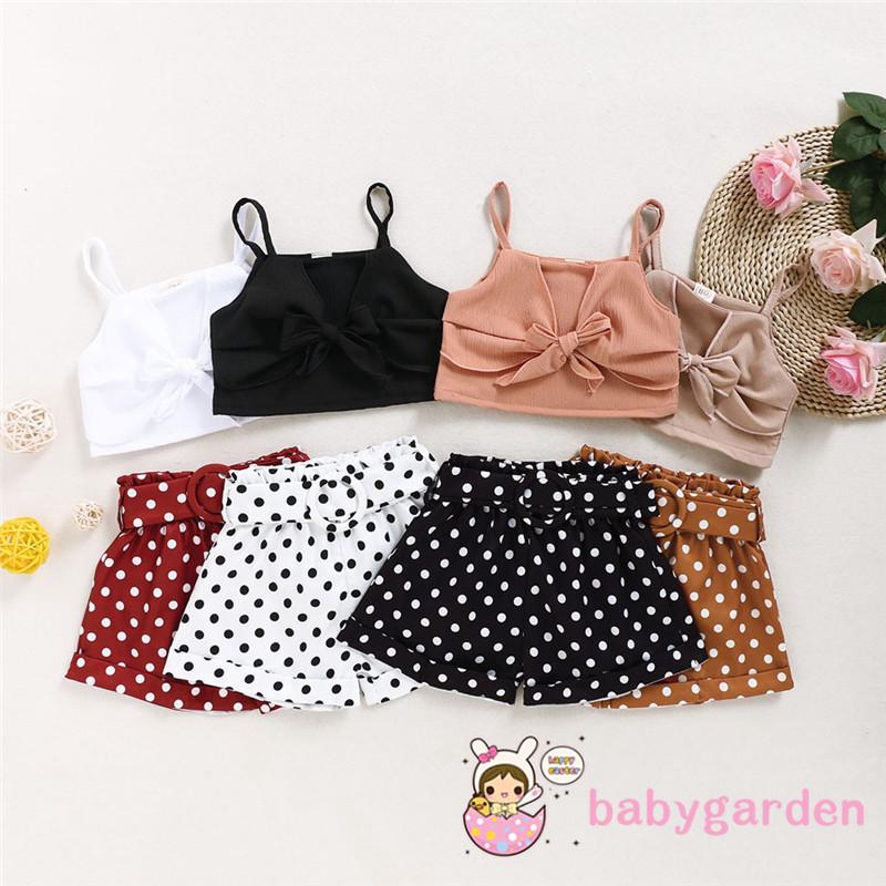 Set Áo Croptop Và Quần Sọt Hoạ Tiết Chấm Bi Cho Bé Gái