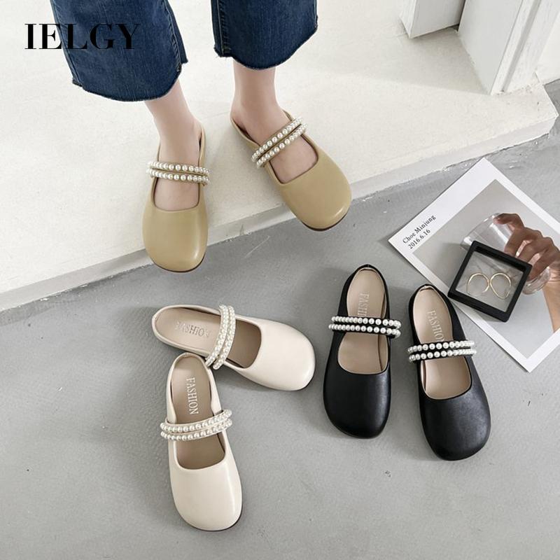 Dép bít mũi IELGY đế bằng đính ngọc trai giả màu trơn đơn giản thời trang cho nữ