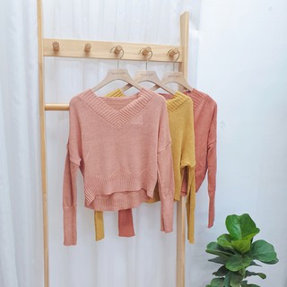 Áo len tay dài cổ tim viền tăm, bo gấu 1103