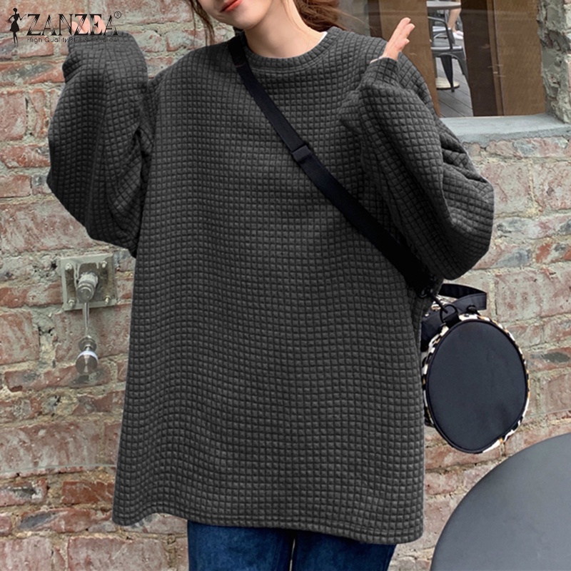 Áo sweater nữ ZANZEA màu trơn tay dài cổ tròn kiểu thời trang Hàn Quốc 