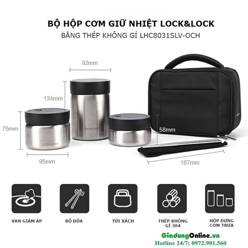 Bộ Hộp Cơm giữ nhiệt Inox 304 Lock&amp;Lock LHC8031 1160ml - Larva Store