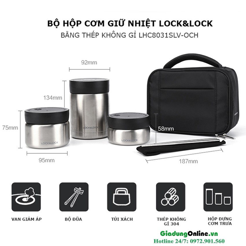 Bộ Hộp Cơm giữ nhiệt Inox 304 Lock&amp;Lock LHC8031 1160ml