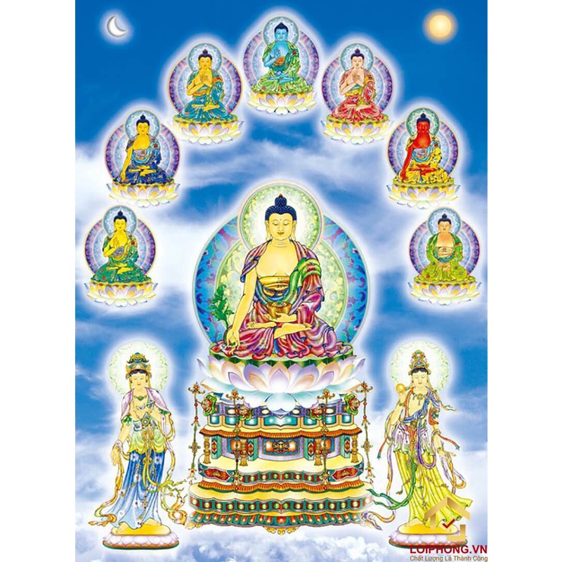 Tranh đính đá toàn bộ bức-thất phật dược sư đông phương tam thánh