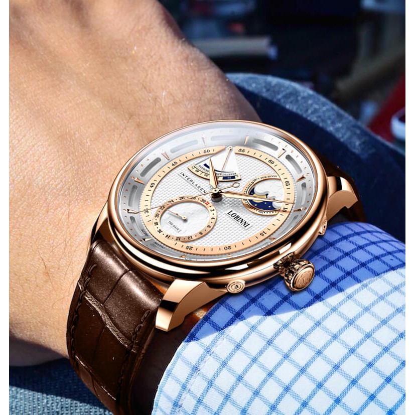 Đồng hồ nam chính hãng LOBINNI L17011-1hàng mới,Kính sapphire ,chống xước,Chống nước,máy cơ(Automatic),Bảo Hành 24 Tháng