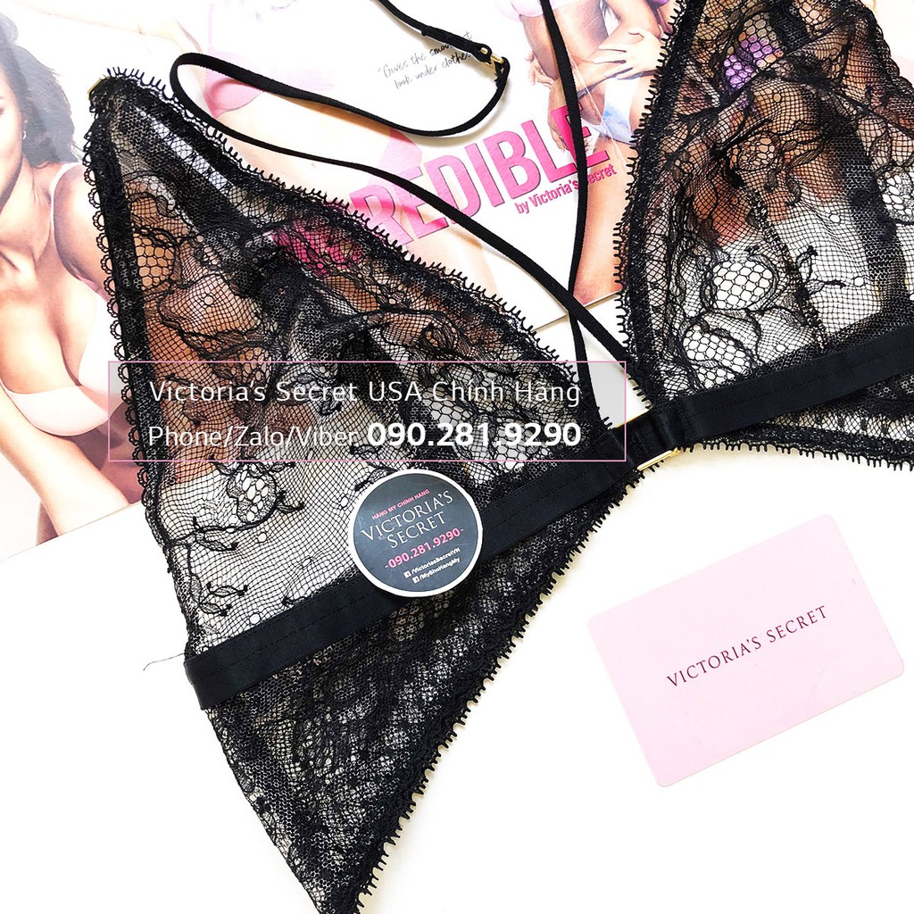 (Áo Size S) Bộ quần Áo bralette 111 Very Sexy Triangel Black màu đen, phối lưới hoa - Victoria's Secret USA