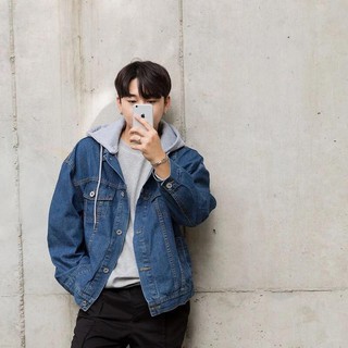Áo khoác jean xanh nón xám - unisex cao cấp