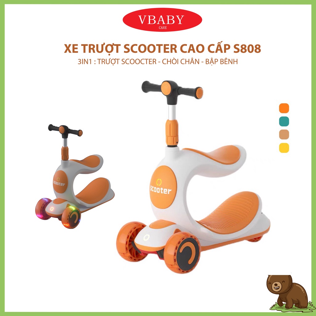 Xe trượt Scooter 3 in 1 cho bé cao cấp VBABY S808 - 3 chế độ - Bánh xe phát sáng vĩnh cữu gấp gọn