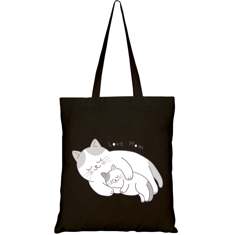 Túi vải tote canvas HTFashion in hình cartoon cute mom baby cat sleeping HT148