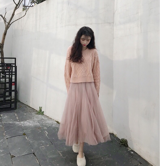 Set áo len chân váy tuyn