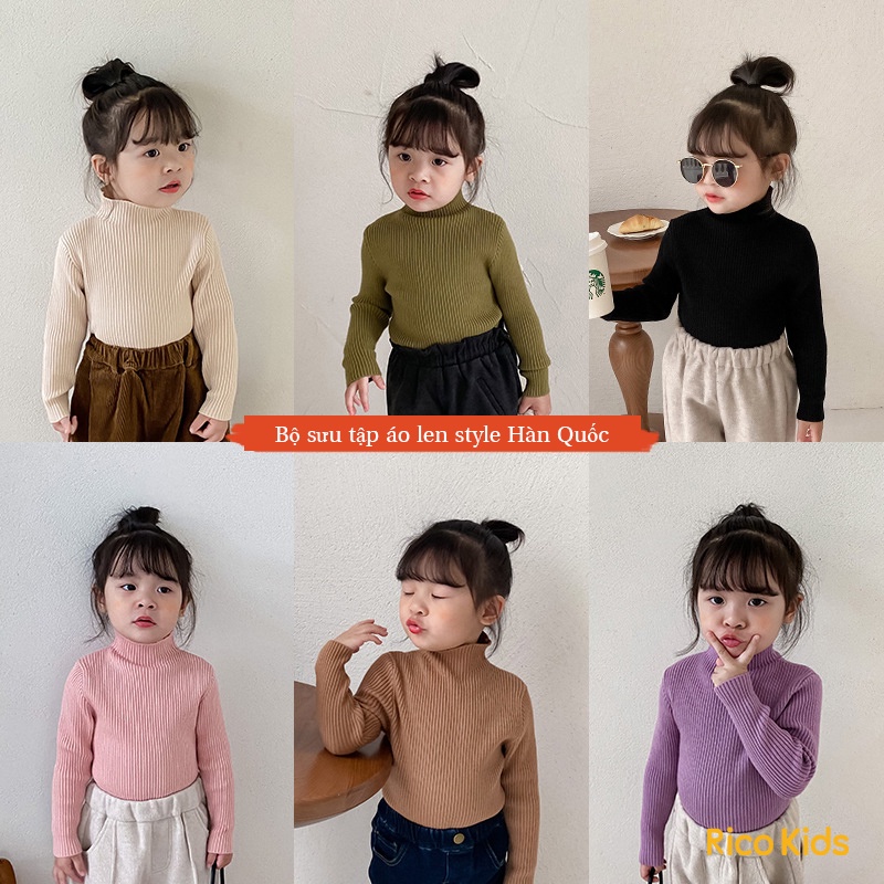 Áo len gân cho bé gái cổ cao 3cm dày dặn từ 8-30kg, len mịn không xù không bai dão mã F035